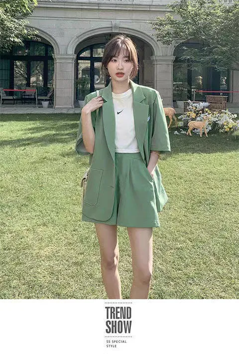 Wjczt Summer New Loose Casual Elegant Women's Shorts Suit Fruit Green Jacket Shorts Two Piece Set Female Tracksuit Office Leisure Suit