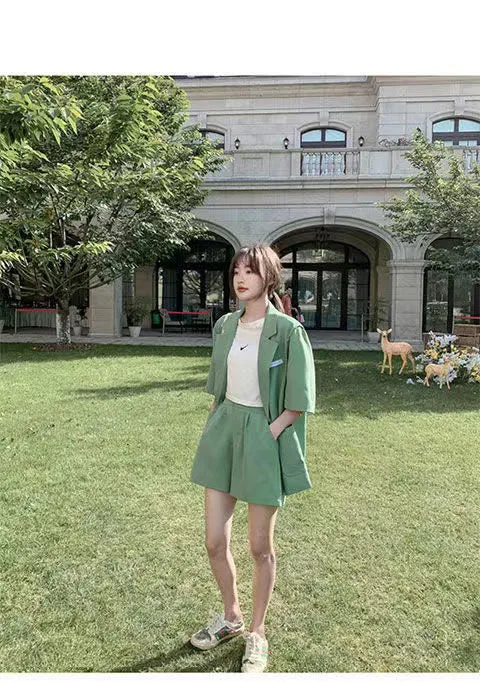 Wjczt Summer New Loose Casual Elegant Women's Shorts Suit Fruit Green Jacket Shorts Two Piece Set Female Tracksuit Office Leisure Suit