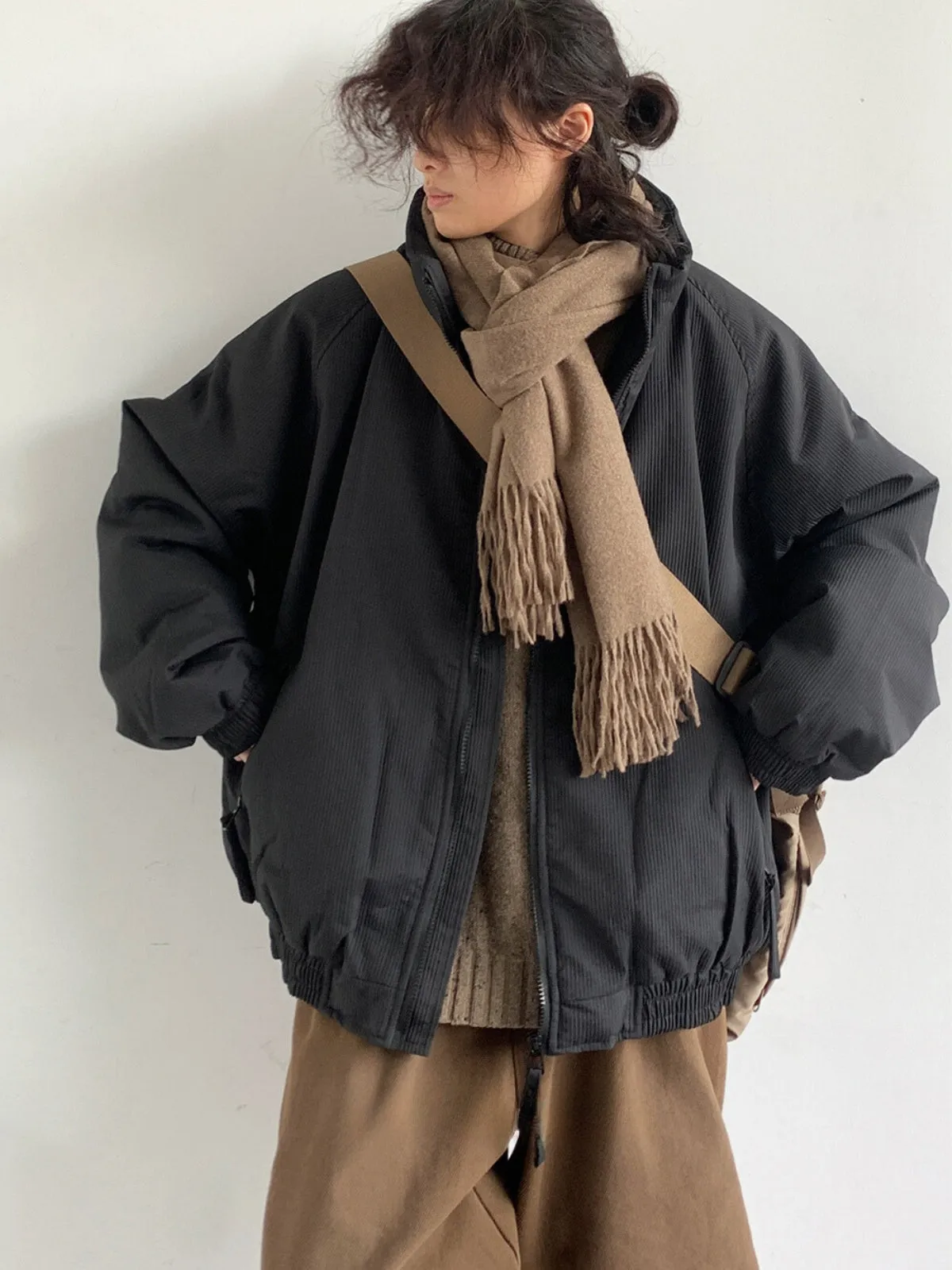 WLS Brown Vertical Striped Retro Winter Jacket