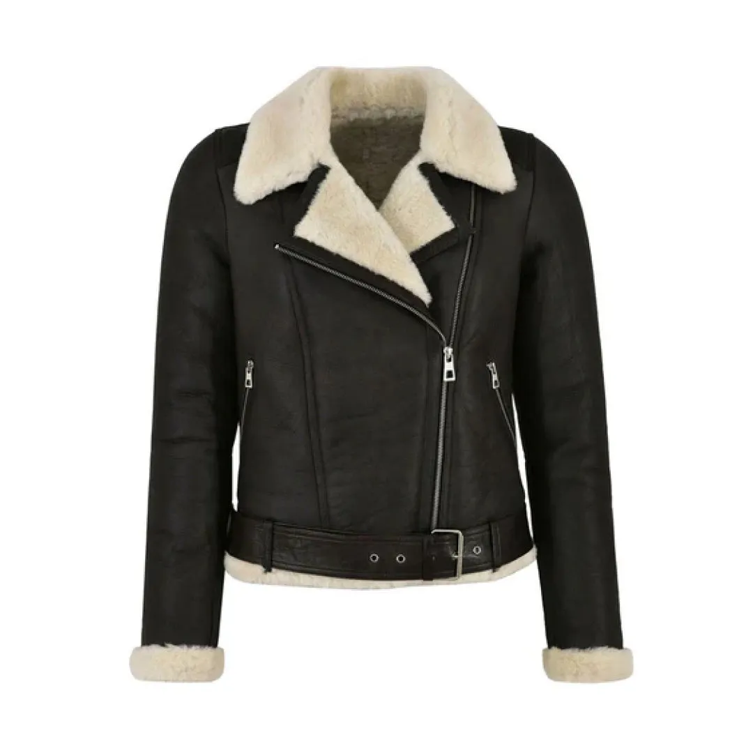 Women Black Faux Shearling Genuine Leather Biker Jacket