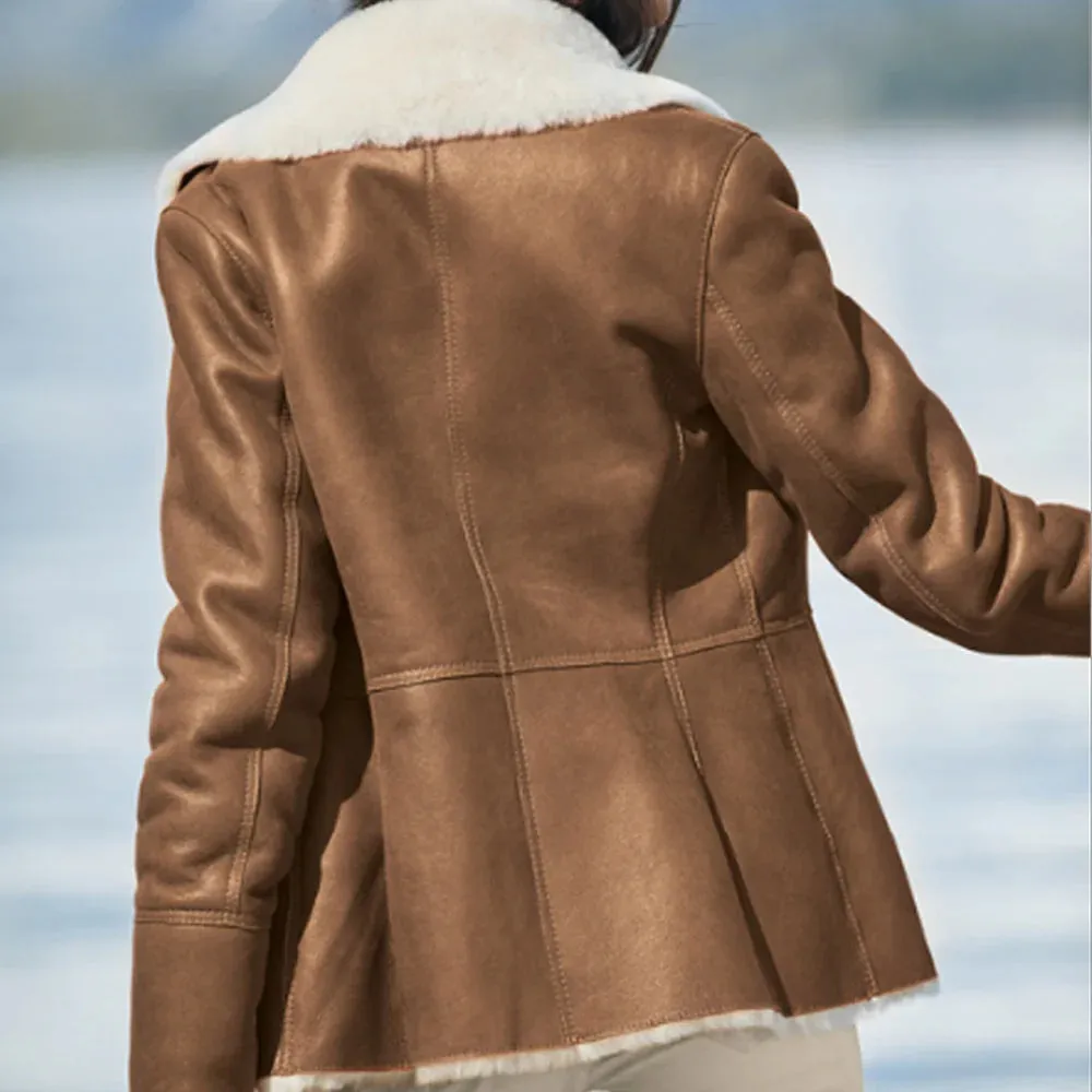 Women Camel Brown Faux Shearling Leather Aviator Jacket