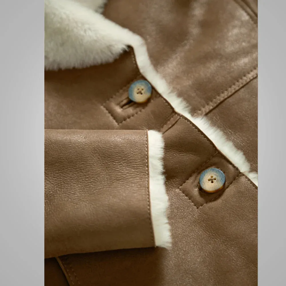 Women Camel Brown Faux Shearling Leather Aviator Jacket