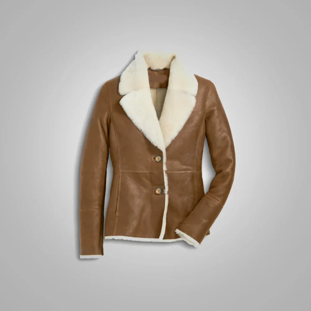 Women Camel Brown Faux Shearling Leather Aviator Jacket