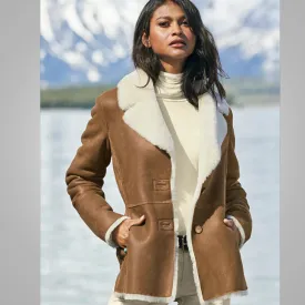 Women Camel Brown Faux Shearling Leather Aviator Jacket