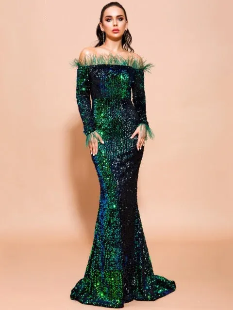 Women Sexy Off Shoulder Feather Long Sleeve Sequin floor length