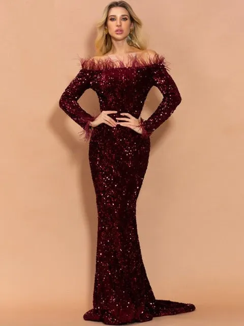 Women Sexy Off Shoulder Feather Long Sleeve Sequin floor length