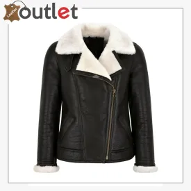 Women Sheepskin Jacket White Real Shearling Fur Pilot Warm Bomber Jacket