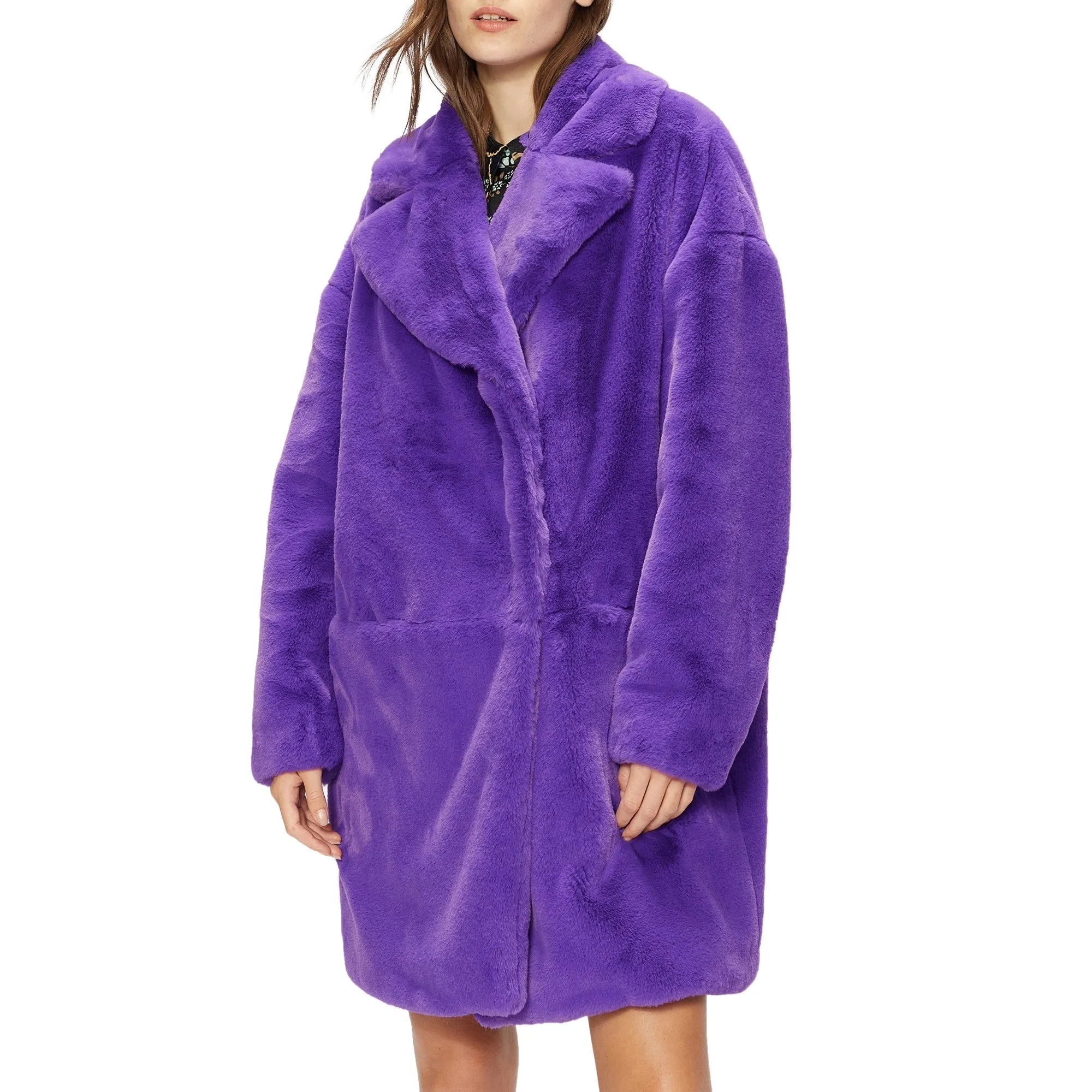 Women Wmo-Vviolet-Faux Fur Cocoon Coat With Wide Collar - Mid-Purple