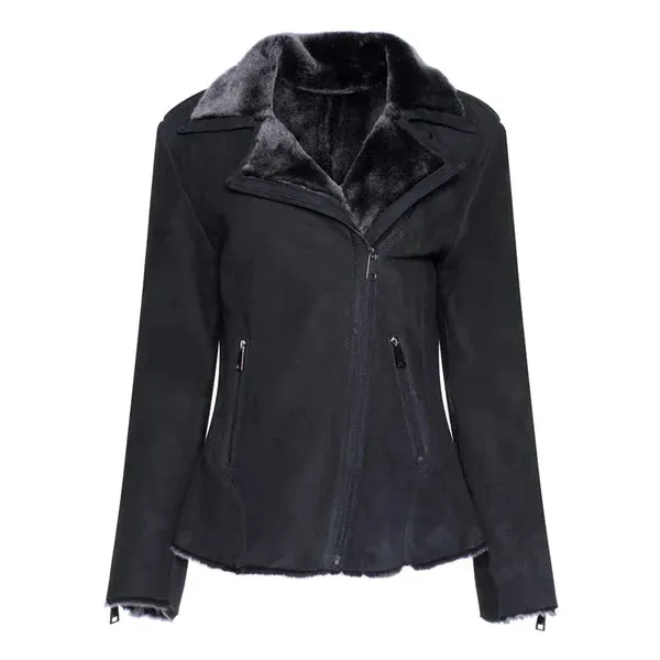 Women's Black Faux Shearling Straight Moto Leather Jacket