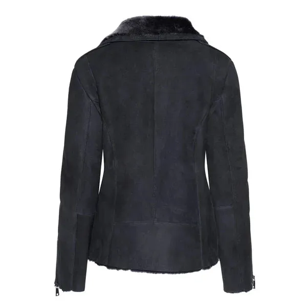 Women's Black Faux Shearling Straight Moto Leather Jacket