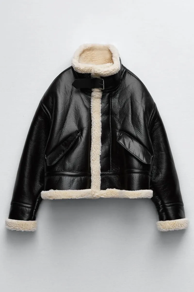 Women's Black Leather Shearling Aviator Jacket