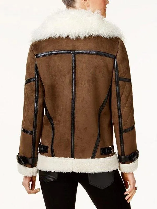 Womens Brown Asymmetrical Shearling Leather Jacket