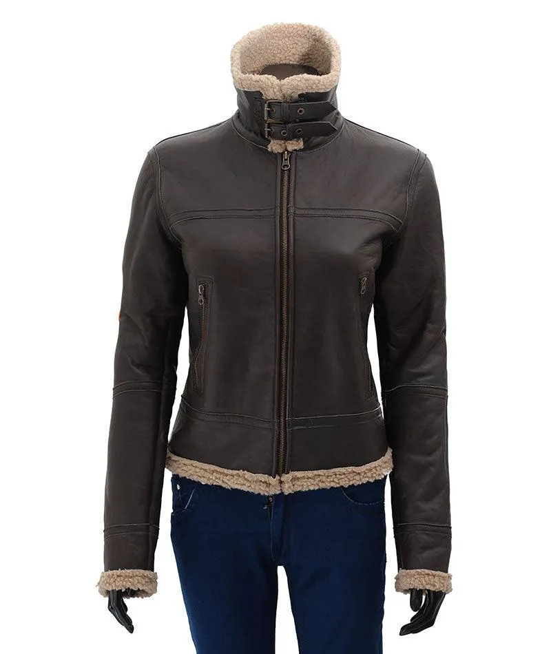 Womens Brown Warm Shearling Leather Jacket