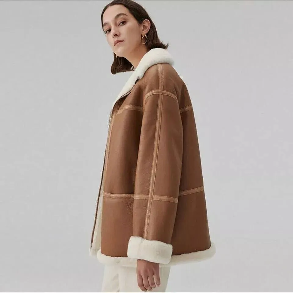 Women's Genuine Sheepskin Brown Aviator Shearling Jacket Coat