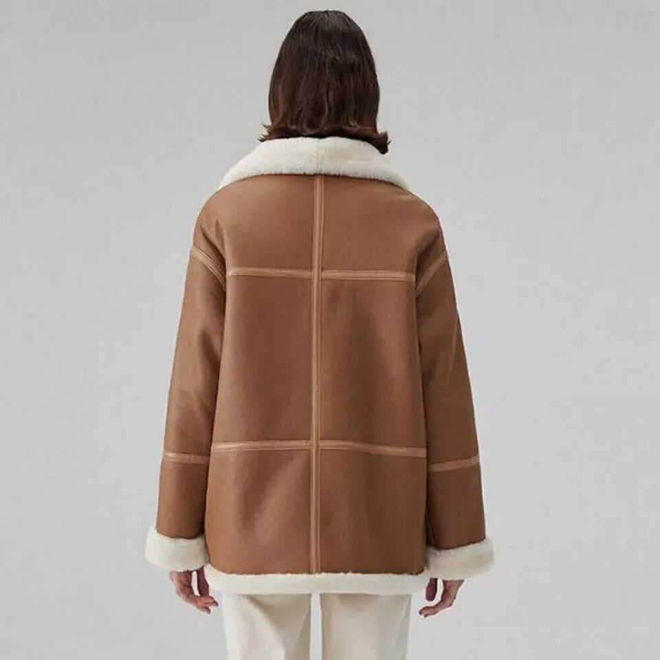 Women's Genuine Sheepskin Brown Aviator Shearling Jacket Coat