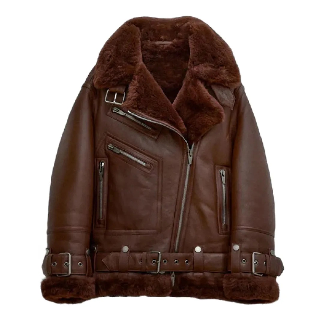 Women's Notch Faux Shearling Moto Leather Jacket