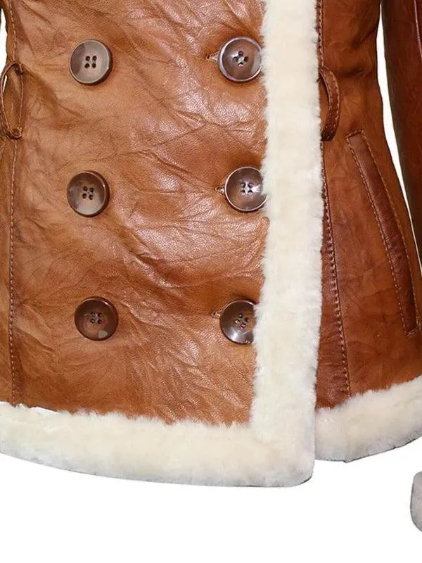 Womens Tan Brown Double Breasted Shearling Jacket