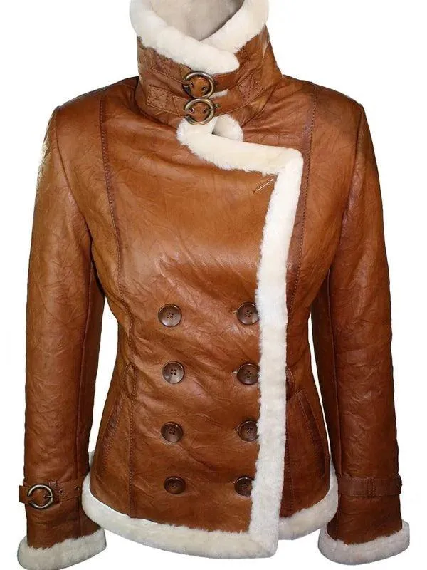 Womens Tan Brown Double Breasted Shearling Jacket