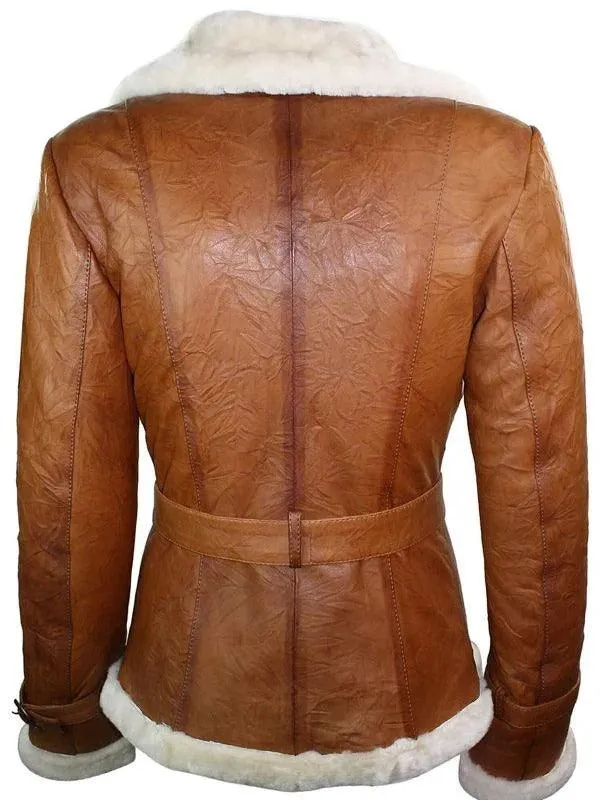 Womens Tan Brown Double Breasted Shearling Jacket