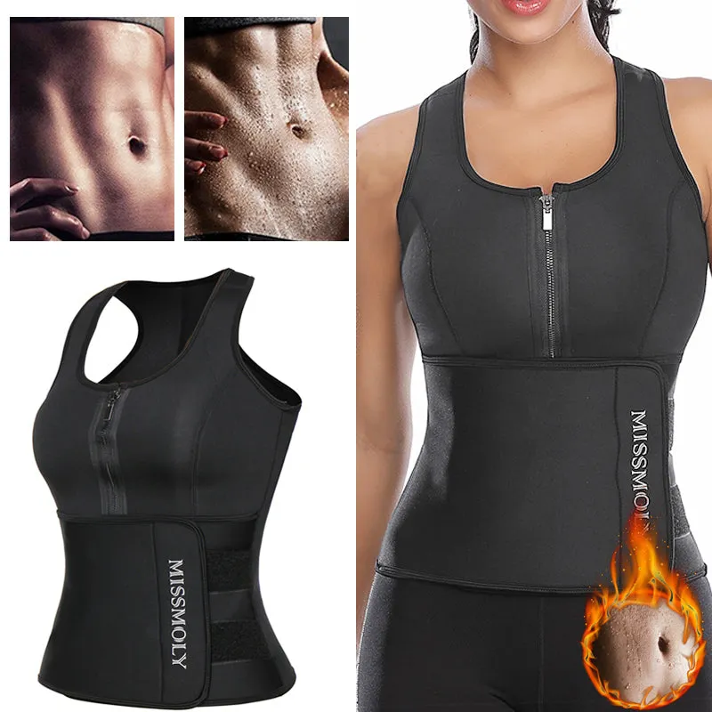 Women's Waist Trainer Corset Trimmer Belt Neoprene Sauna Sweat Suit Zipper Body Shaper with Adjustable Workout Tank Tops