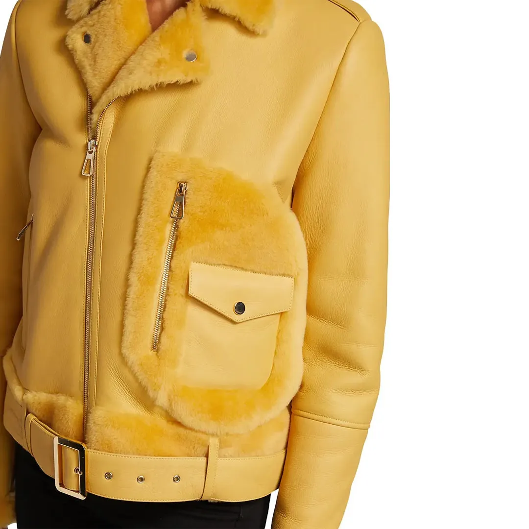 Women's Yellow Faux Shearling Leather Jacket