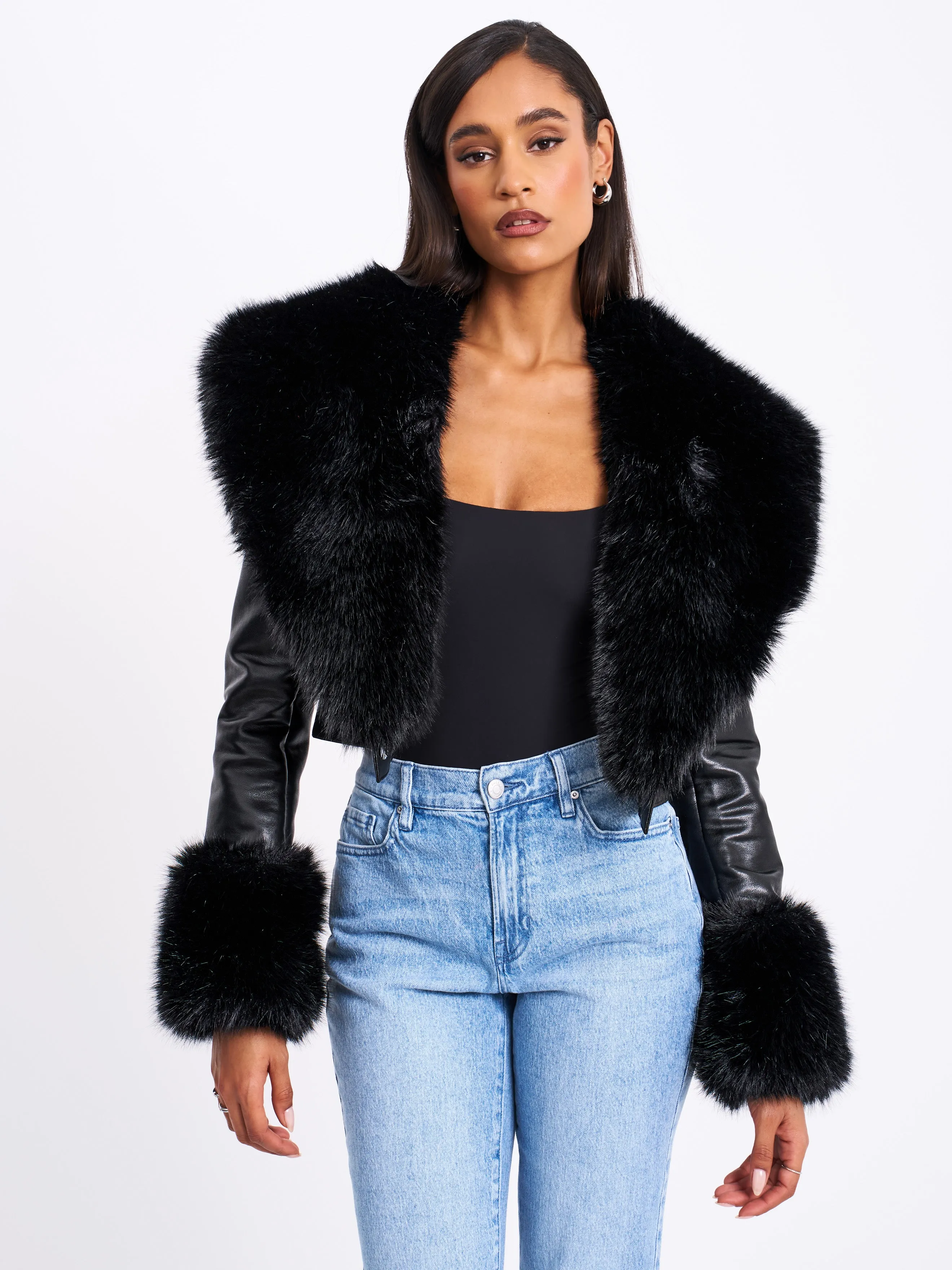 Ziah Cropped Leather Jacket with Fur Collar