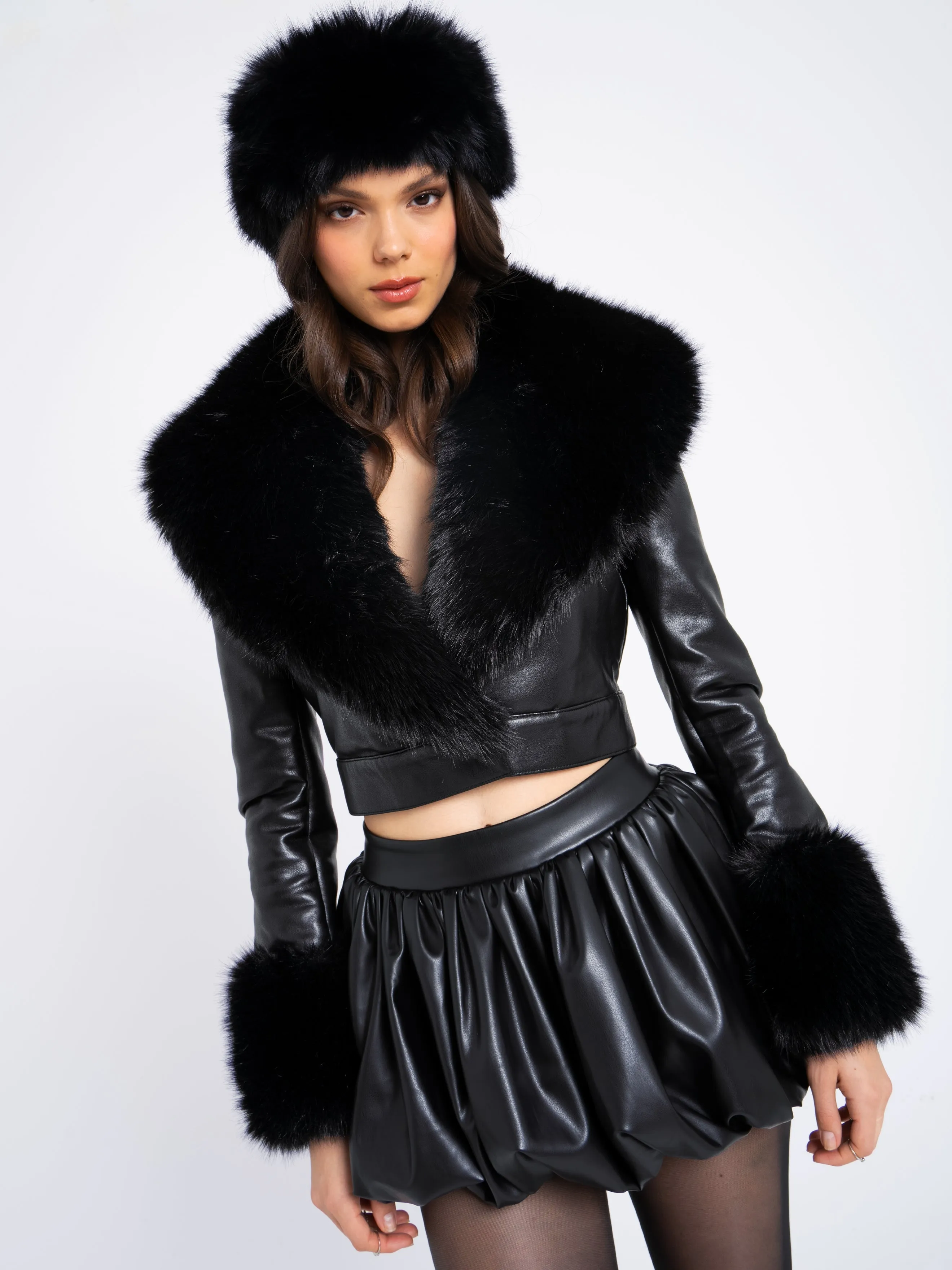 Ziah Cropped Leather Jacket with Fur Collar