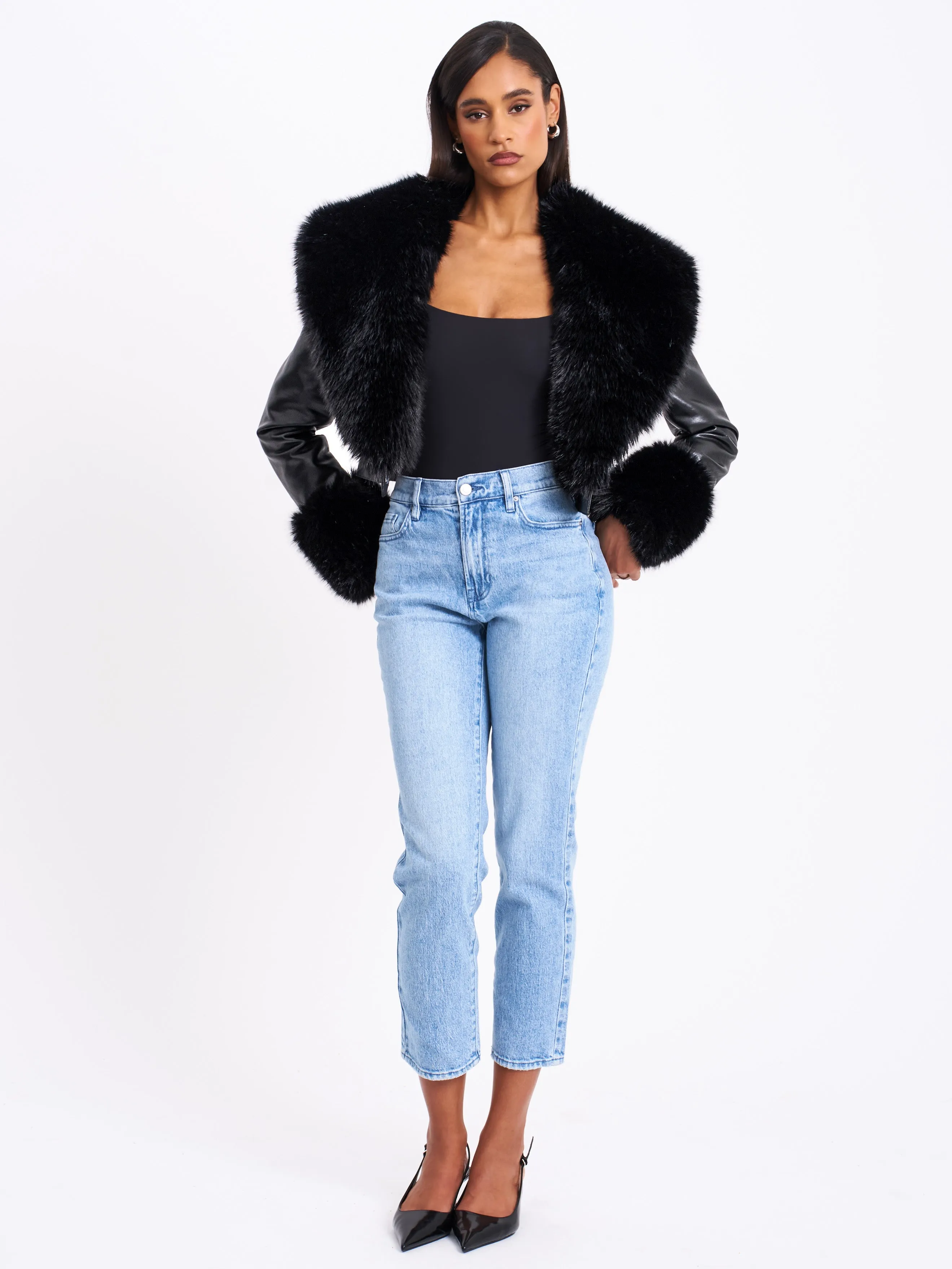 Ziah Cropped Leather Jacket with Fur Collar