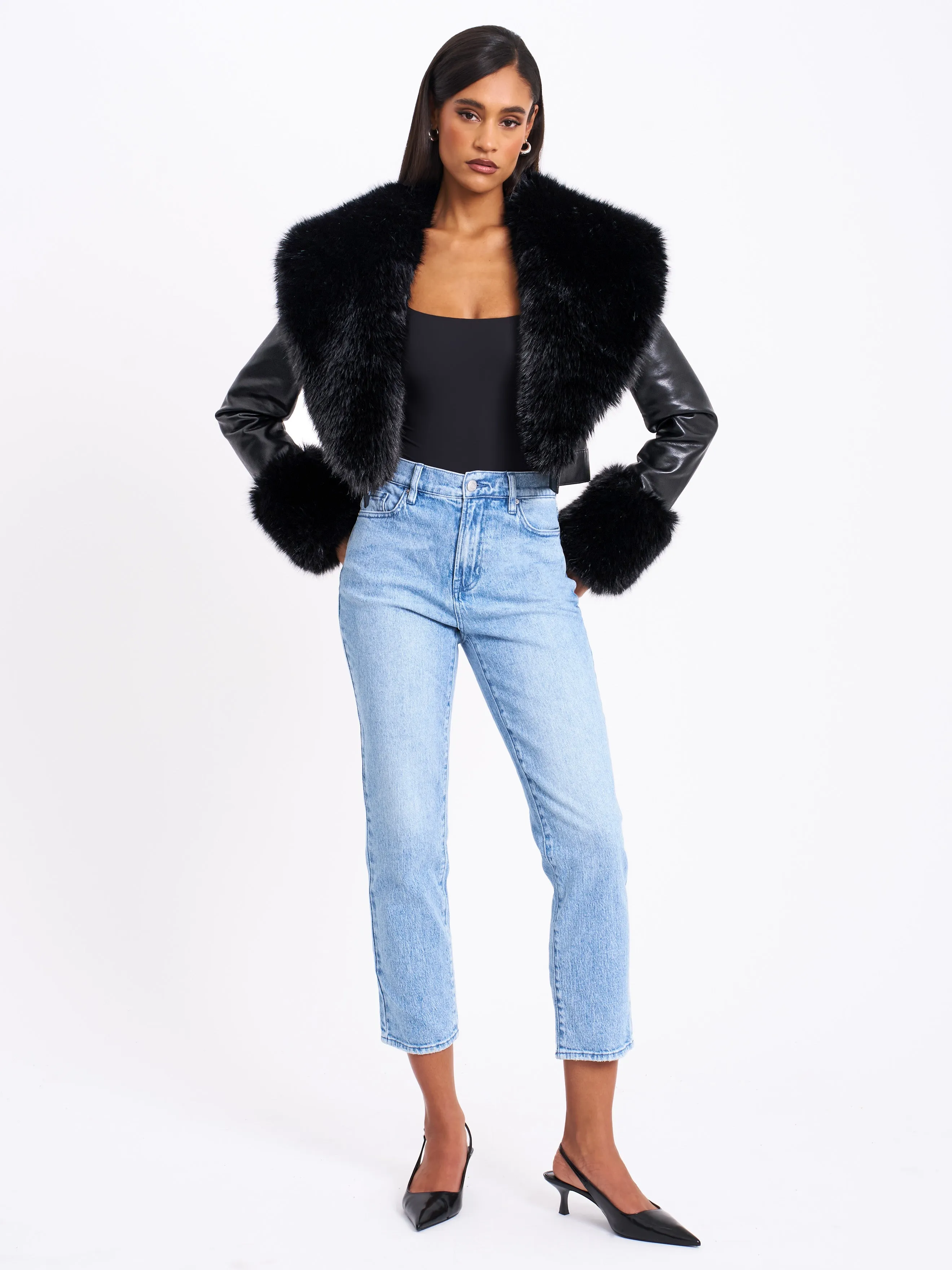 Ziah Cropped Leather Jacket with Fur Collar