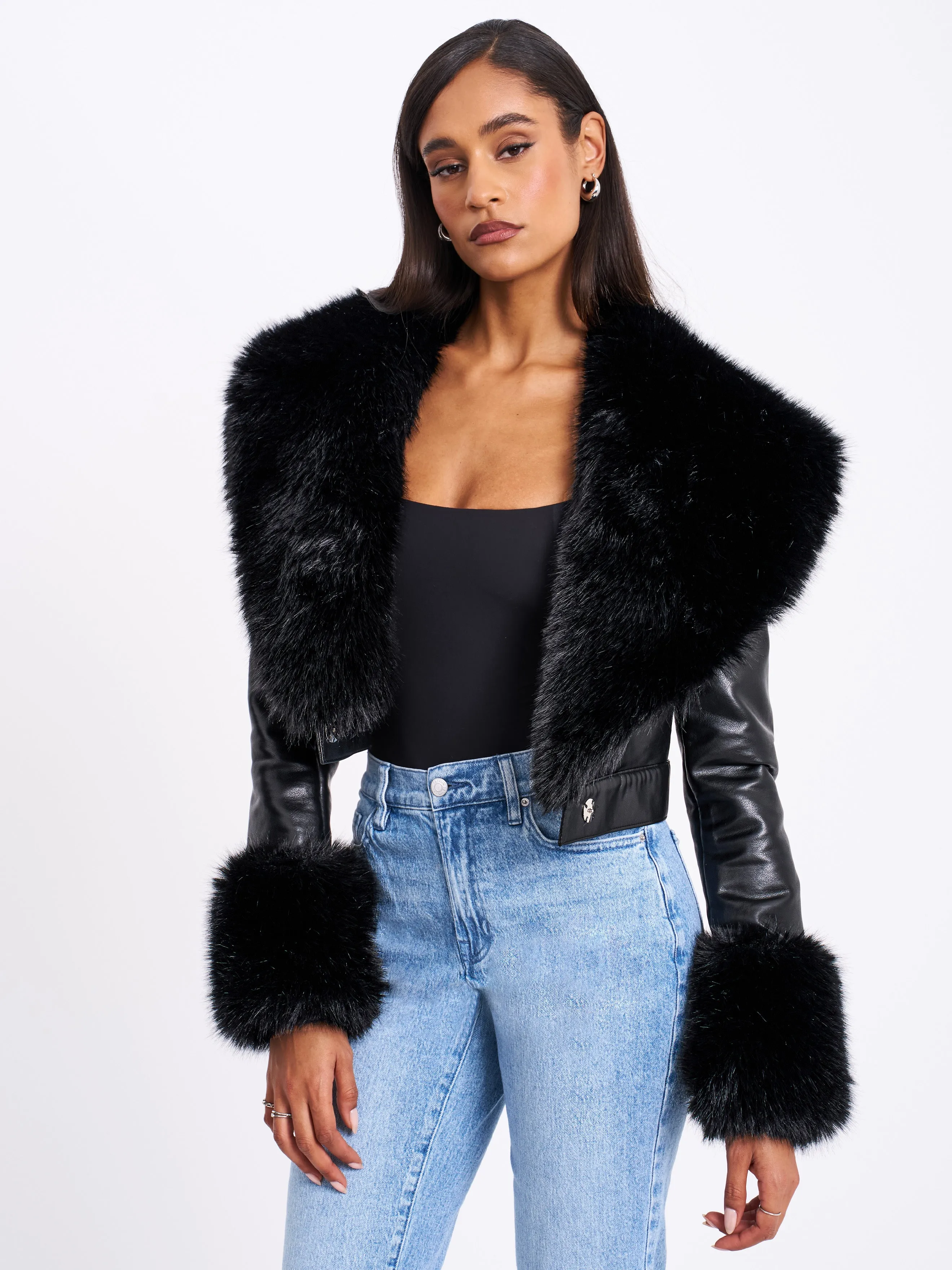 Ziah Cropped Leather Jacket with Fur Collar